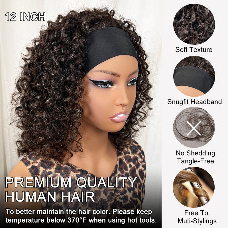 Soul Lady Wigs Dark brown mixed gray water wave headband human hair wig for mature women, made with 100% real human hair, featuring natural salt and pepper blend color, soft and bouncy water wave texture, glueless no lace design, easy to wear and beginner friendly, suitable for daily use and comfortable long time wear.