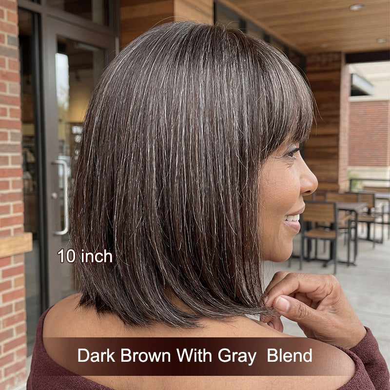 Short Straight Bob Human Hair Wig with Bangs Glueless Lightweight Medium Salt and Pepper Straight Bob Human Hair Wigs with  main image 2