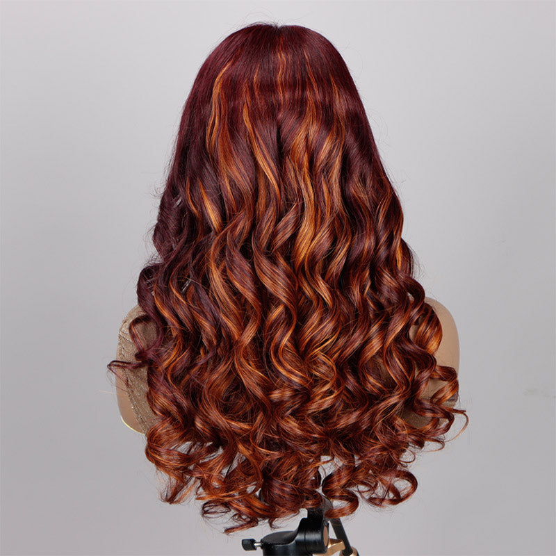 Soul Lady Ginger Highlights On Dark Burgundy Wig Long Loose Wave Human Hair Glueless Wigs 6x4 Pre Cut HD Lace Wig-back