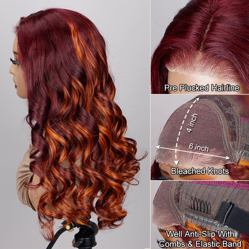 Soul Lady Ginger Highlights On Dark Burgundy Wig Long Loose Wave Human Hair Glueless Wigs 6x4 Pre Cut HD Lace Wig-side