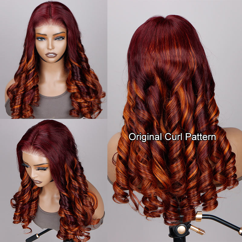 Soul Lady Ginger Highlights On Dark Burgundy Wig Long Loose Wave Human Hair Glueless Wigs 6x4 Pre Cut HD Lace Wig-original curl