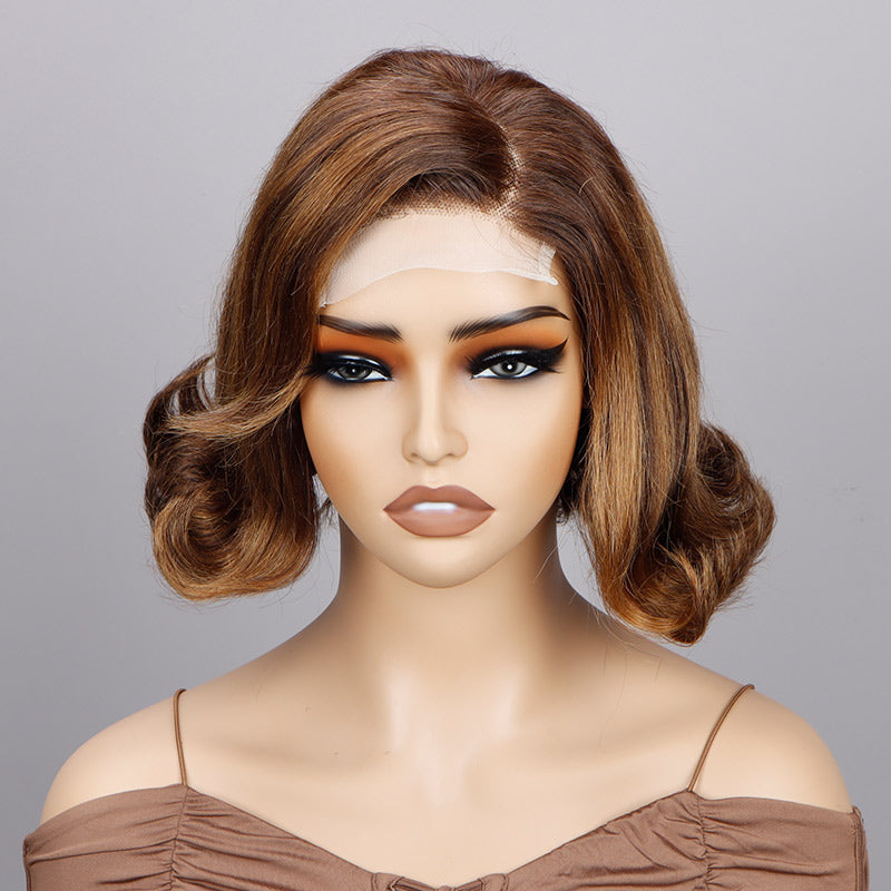 Soul Lady Retro Body Wave Bob Brown With Golden Blonde Highlights 4x4 Lace Human Hair Wigs Vintage Style