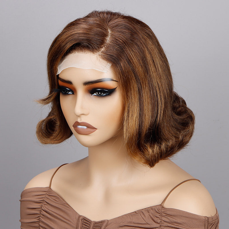 Soul Lady Retro Body Wave Bob Brown With Golden Blonde Highlights 4x4 Lace Human Hair Wigs Vintage Style