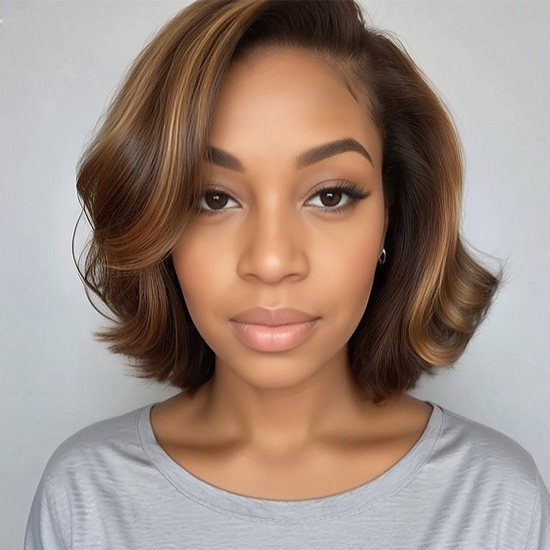 Soul Lady Vintage Style Retro Body Wave Bob Golden Blonde Highlights On Brown 4x4 Lace Human Hair Wigs For Mom and mature lady