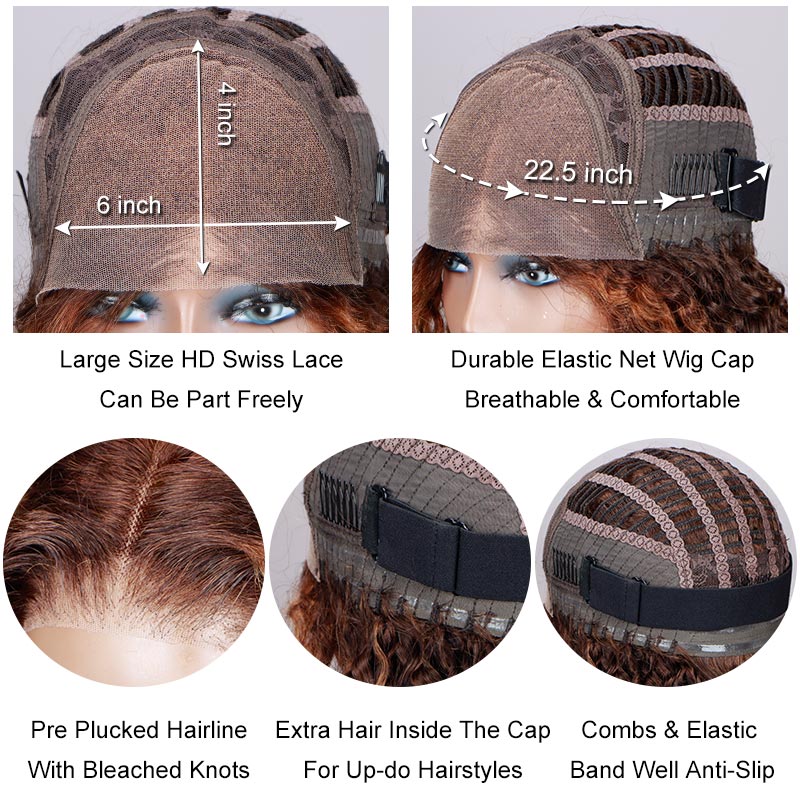Soul Lady Golden Auburn Balayage Highlights On Brown Wig Jerry Curly Human Hair Glueless 6x4 Pre Cut Lace Wig-cap details