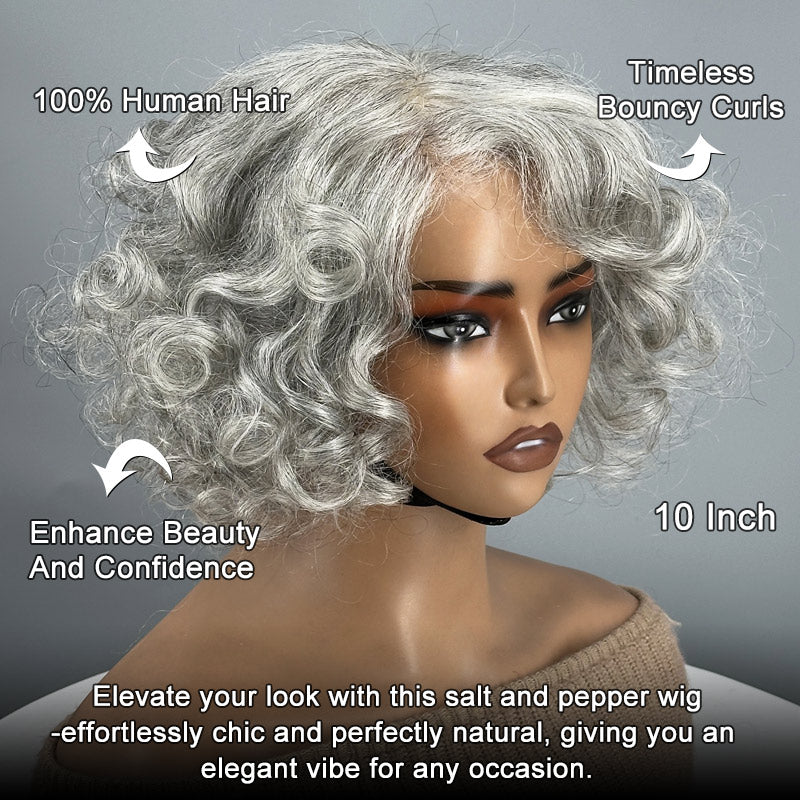 Soul Lady wigs | Black Friday Sale | Pale Gray Salt And Pepper Loose Curly Human Hair Glueless Wigs For Older Women over 50