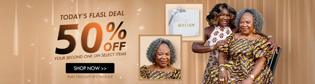 Soul Lady Wigs | Black Friday Sale banner for “Buy 1 Get 1  50% off” on select human hair salt and pepper wigs from Soul Lady Wigs, featuring promotional graphics in 1500x500 size.