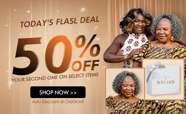 Soul Lady Wigs | Black Friday Sale banner for “Buy 1 Get 1  50% off” on select human hair salt and pepper wigs from Soul Lady Wigs, featuring promotional graphics in 650x400 size.