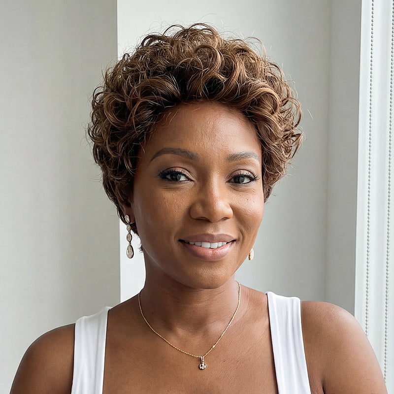 Highlight Brown Pixie Human Hair Wigs P4/30 Short Curly Wigs 