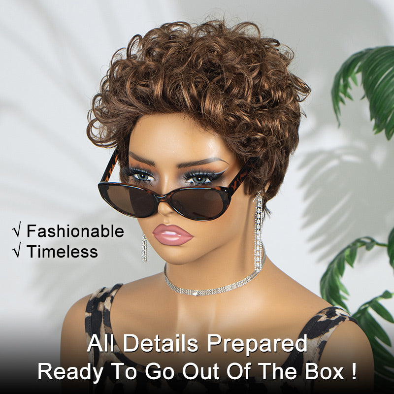 Soul lady wigs P4/30 Brown Highlighted Pixie Wig Big Curly Human Hair Wear To Go Glueless Wigs For women