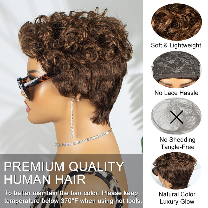 Soul lady wigs P4/30 Brown Highlighted Pixie Wig Big Curly Human Hair Wear To Go Glueless Wigs For women-side view of the wig