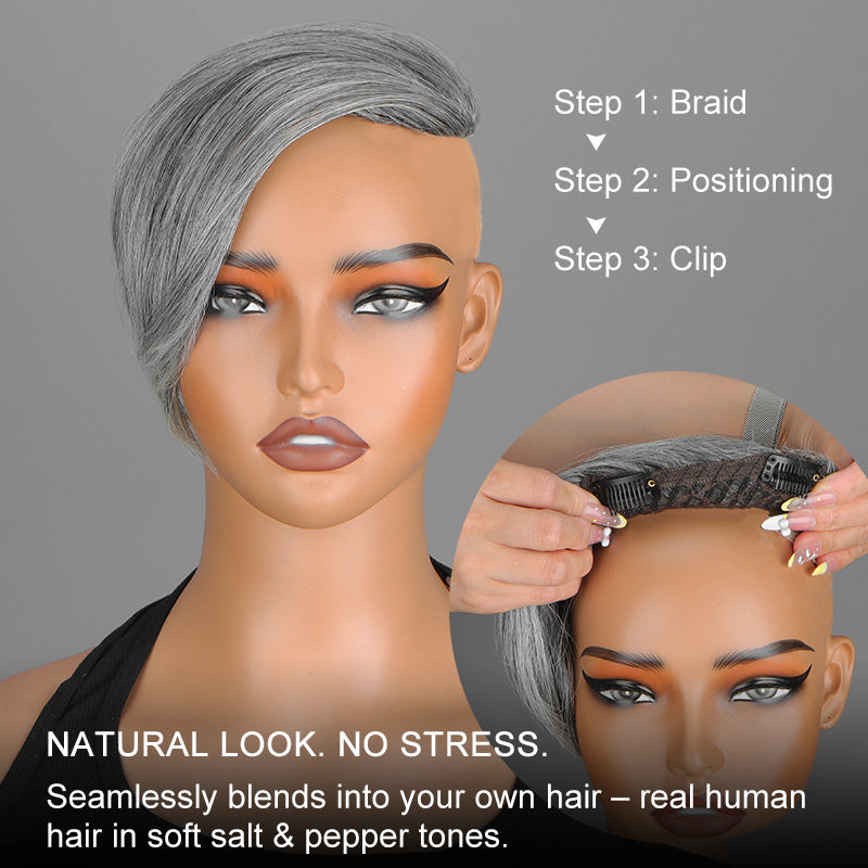 Soul lady 2-in-1 Clip In Human Hair Topper & Bangs – Salt and Pepper, Glueless & Easy Wear Toppers for women with thinning hair-front show