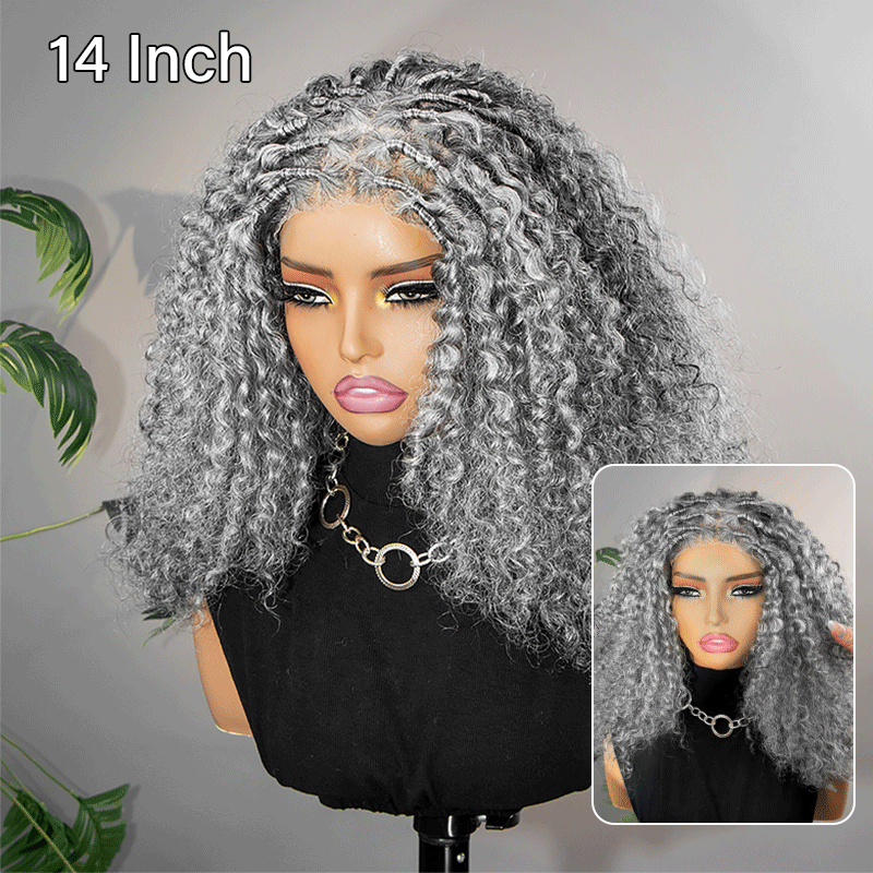 Side view of a Soul lady wigs on salt and pepper boho curly human hair wig featuring hand-wrapped roots, natural-looking curls, and a soft blended gray texture designed for mature women.