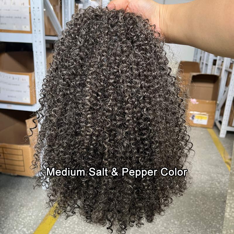 Medium Salt And Pepper Afro Curly Human Hair 3 In 1 Half Wig Ready To Go Wig For Older Women-back show