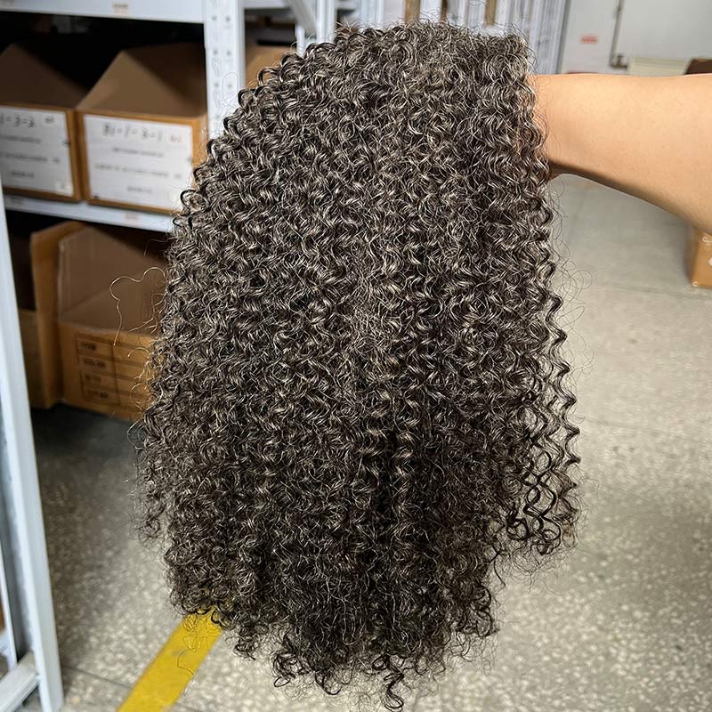Medium Salt And Pepper Afro Curly Human Hair 3 In 1 Half Wig Ready To Go Wig For Older Women-side show