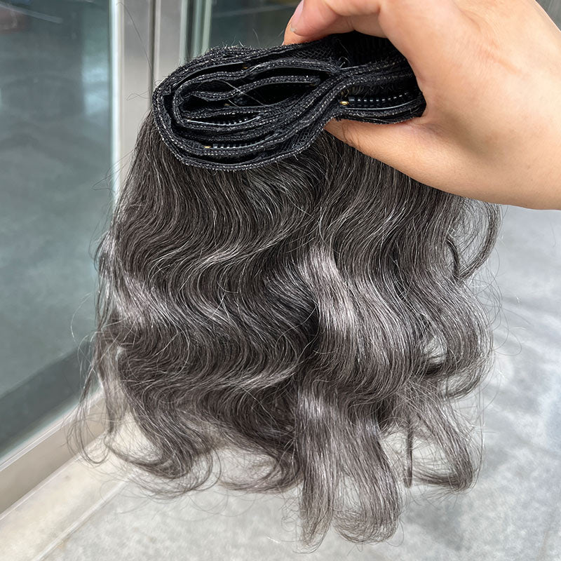 Silver Gray Human Hair Body Wave Hair Clip In Hair Extensions 6 Pieces/Set- clips show
