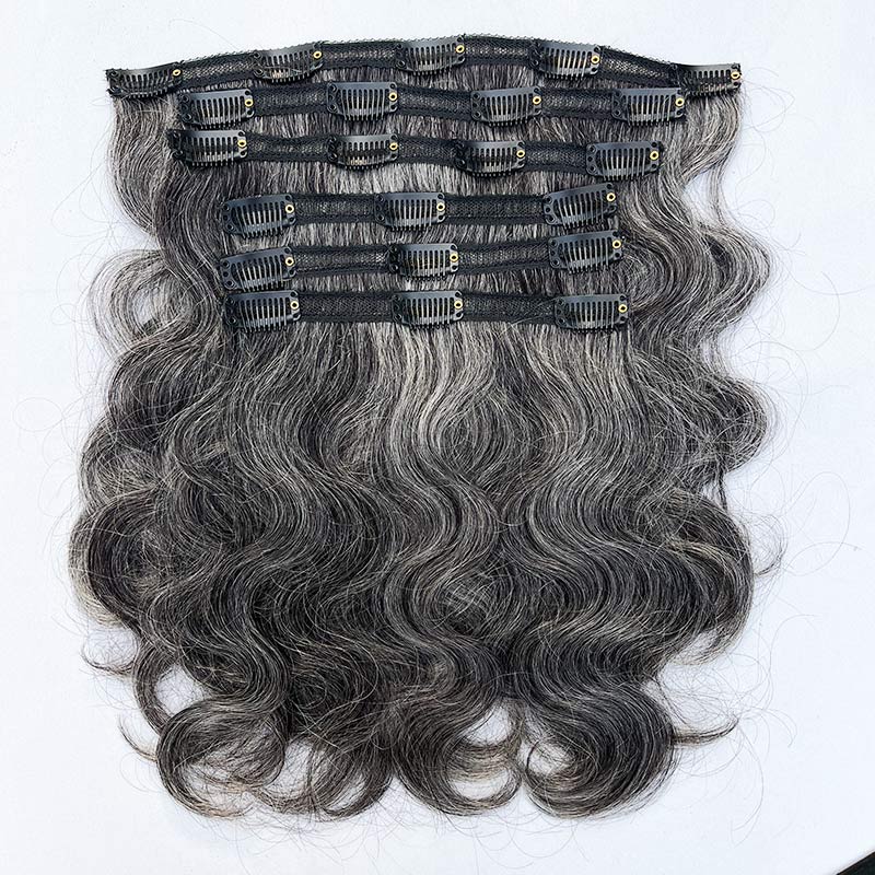 Silver Gray Human Hair Body Wave Hair Clip In Hair Extensions 6 Pieces/Set- clips show