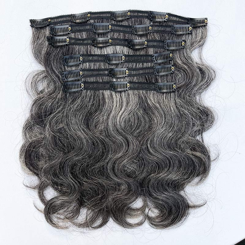 Silver Gray Human Hair Body Wave Clip in Hair Extensions  display picture 1