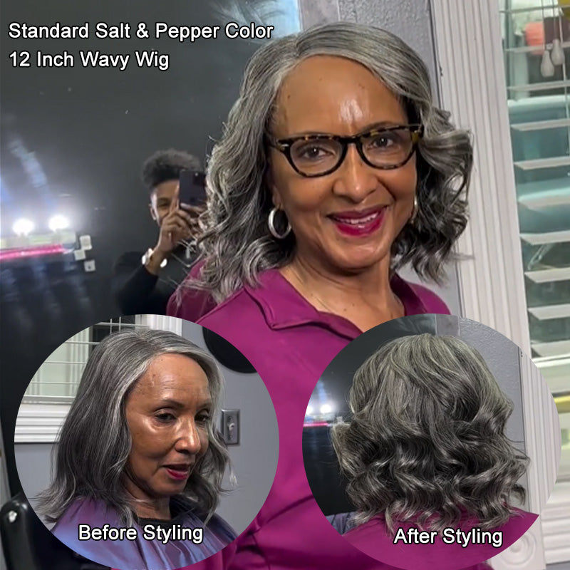 Silver Gray Natural Wavy Human Hair Wig for Seniors Salt and