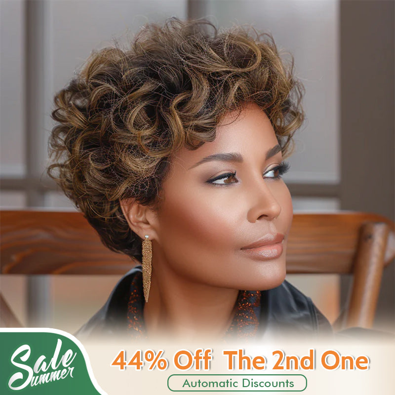 US DOMESTIC SHIPPING | P4/30 Brown Highlighted Pixie Wig Big Curly Human Hair Wear To Go Glueless Wigs For Women
