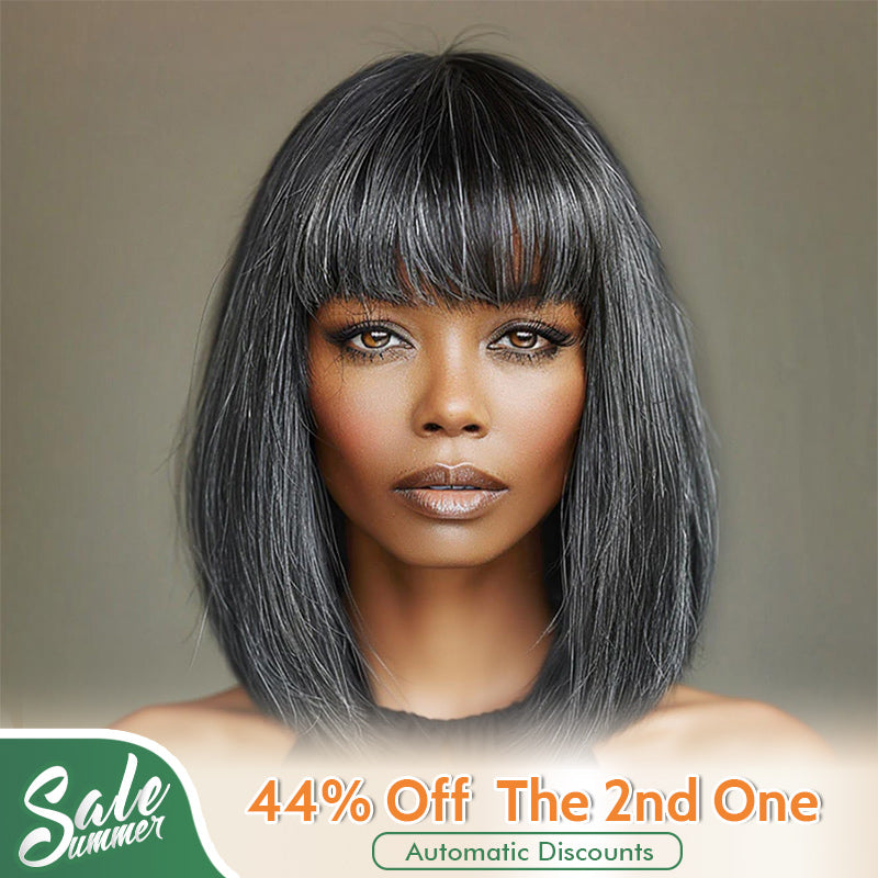 Chic Salt & Pepper Straight Bob Wig With Bangs Real Glueless Human Hair Wigs For Women
