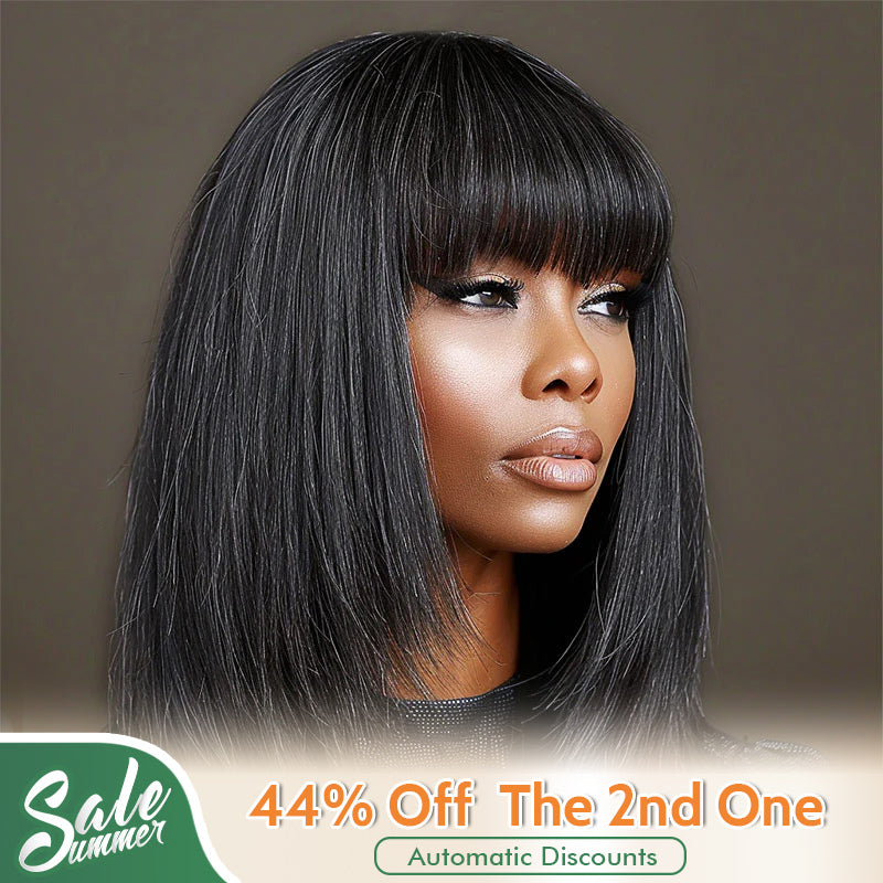 Chic Glueless Layered Wigs With Bangs Dark Salt & Pepper Straight Human Hair Real Wear To Go Wigs For Women