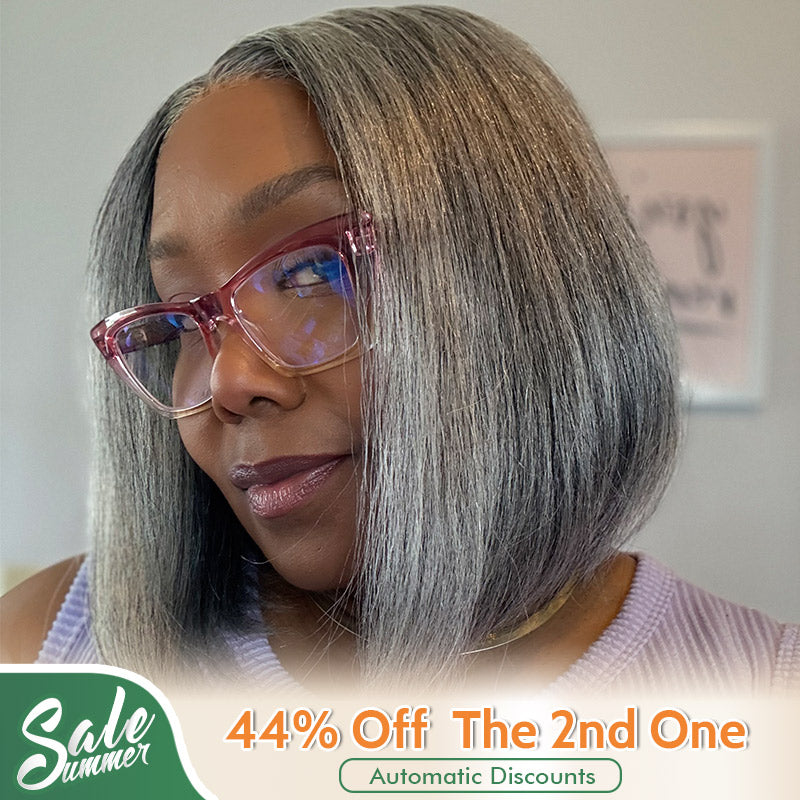 US DOMESTIC SHIPPING | Chic Silver Gray Straight Bob Salt and Pepper Real Human Hair Glueless Lace Wigs For Seniors