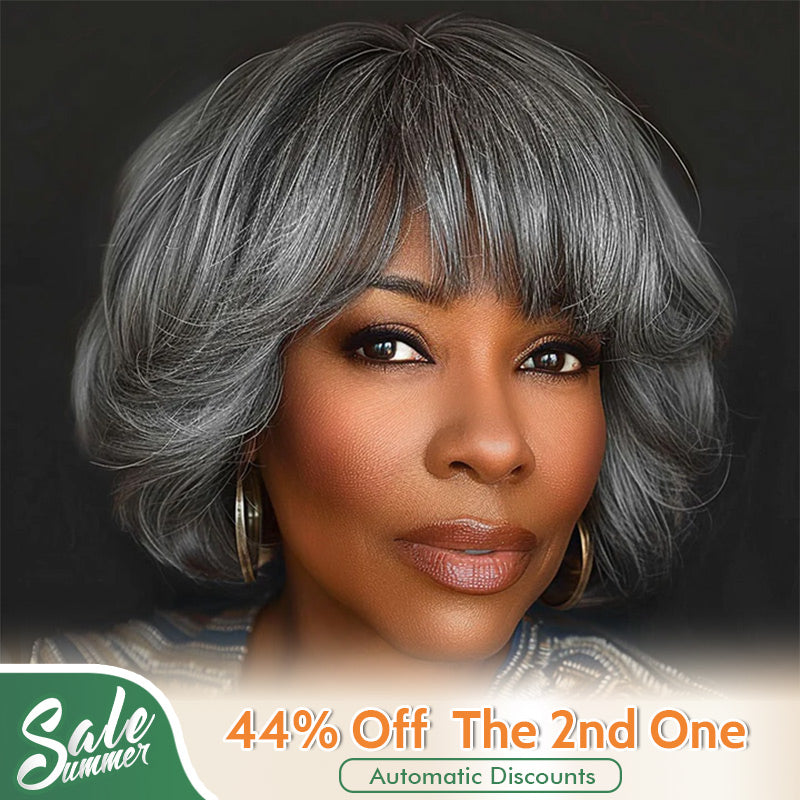 US DOMESTIC SHIPPING |Beginner Friendly Salt & Pepper Bob With Bangs Natural Wavy Human Hair Wear To Go Wig