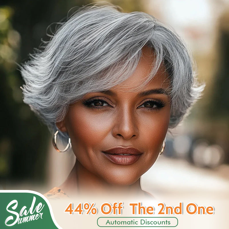 Summer Trend | Salt & Pepper Short Pixie Cut Glueless Human Hair Gray Wig With Retro Flip Ends