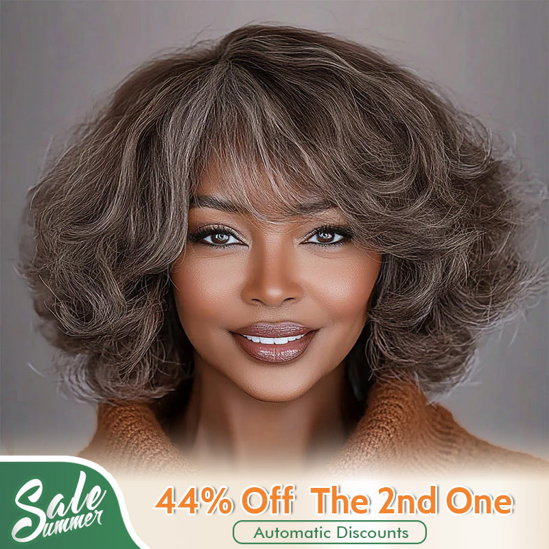 Brown Mixed Gray Glueless Bob Wig with Bangs Loose Wave Human Hair Wear ...