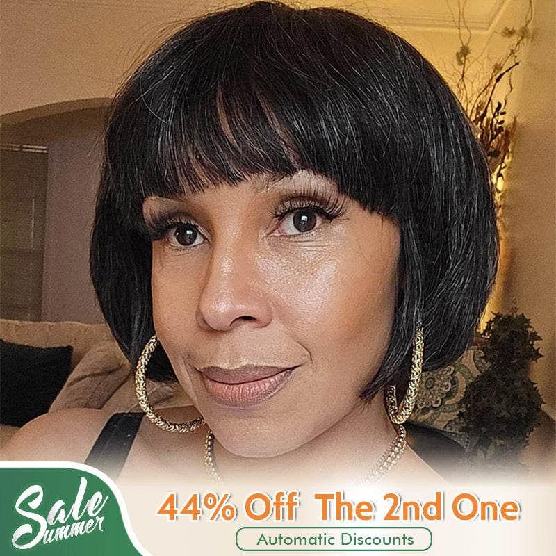 Trendy Salt & Pepper Natural Straight Wavy Bob Wear Go Glueless Human Hair Wigs With Bangs For Mature Women