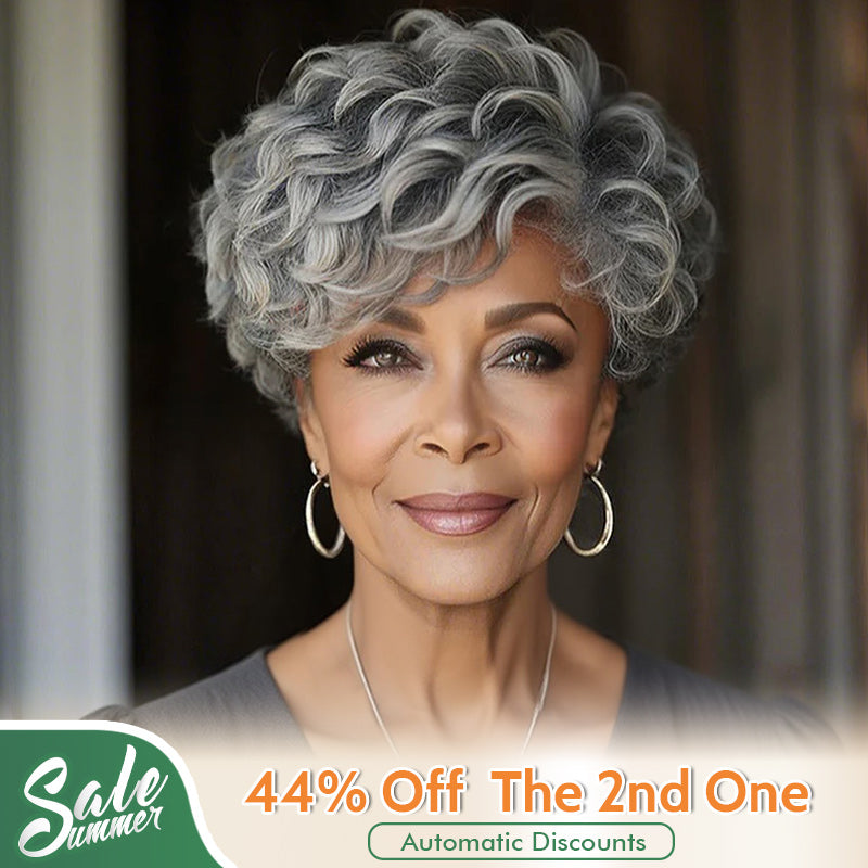 Short Pixie Haircuts Salt and Pepper Natural Wave Human Hair Glueless Throw On & Go Wigs for Mature Women
