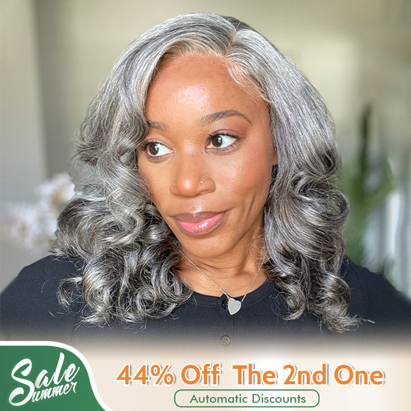 US DOMESTIC SHIPPING | Mid-Length Salt And Pepper Wig For Mature Women 100% Human Hair Body Wave 5x5 HD Lace Throw On & Go Wigs For Mom