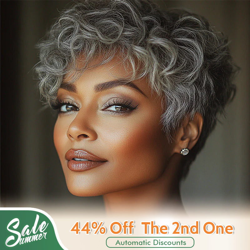 Short Tapered Pixie Haircuts Salt And Pepper Natural Wave Human Hair Glueless Wigs For Women