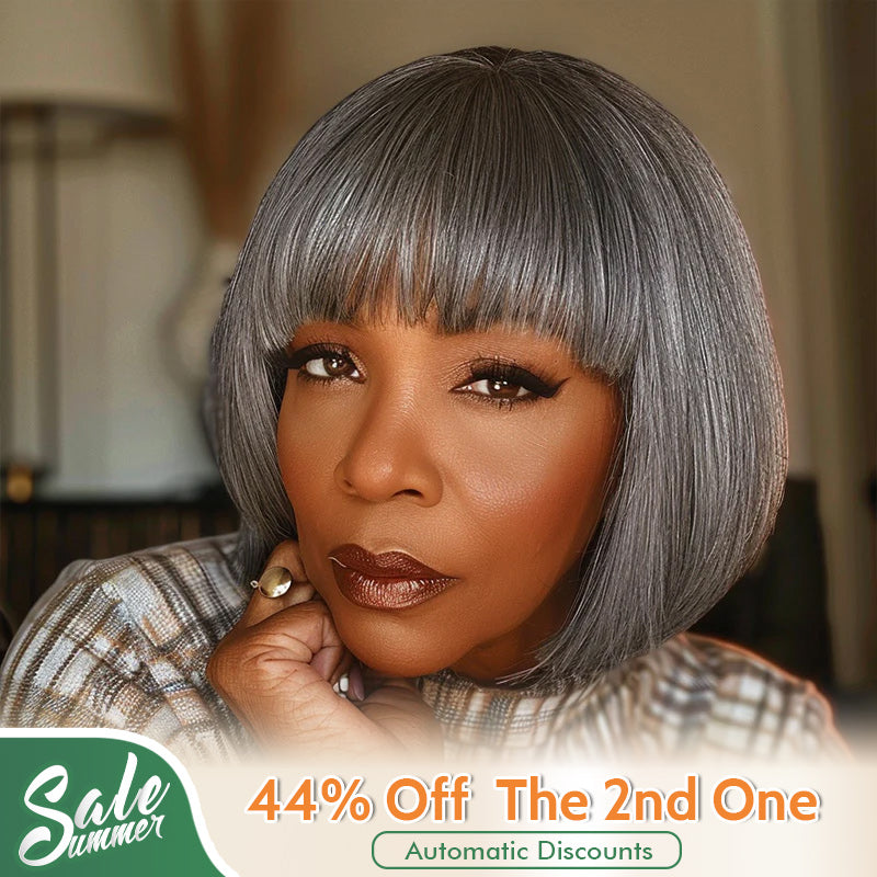 Chic Salt & Pepper Straight Bob Wig With Bangs Real Human Hair Glueless Wigs For Seniors