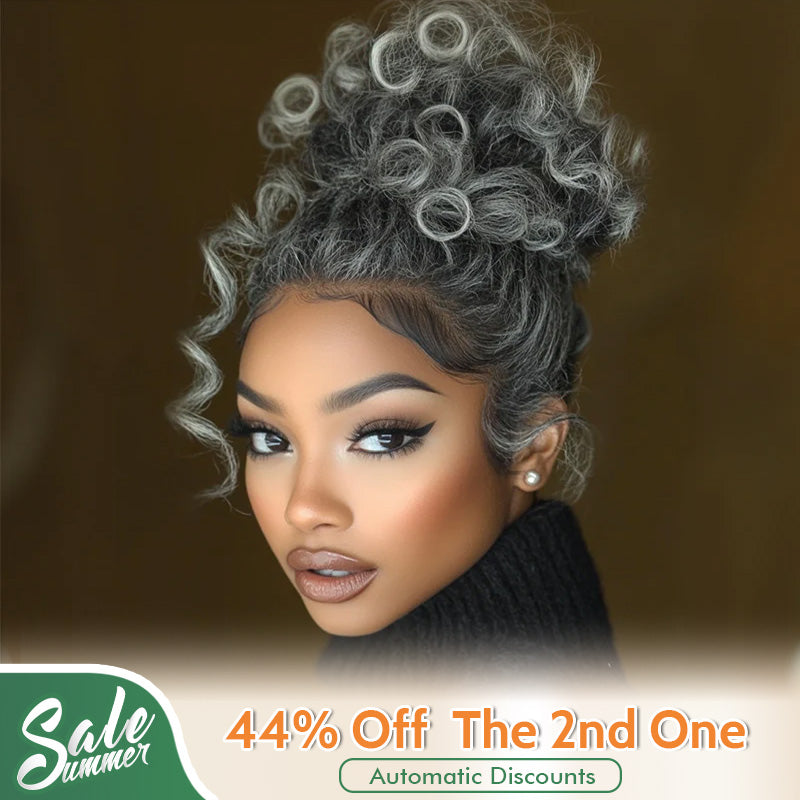 Soul lady Salt And Pepper Curly Messy Buns Drawstring Ponytail Puff Clips in Human Hair Extension