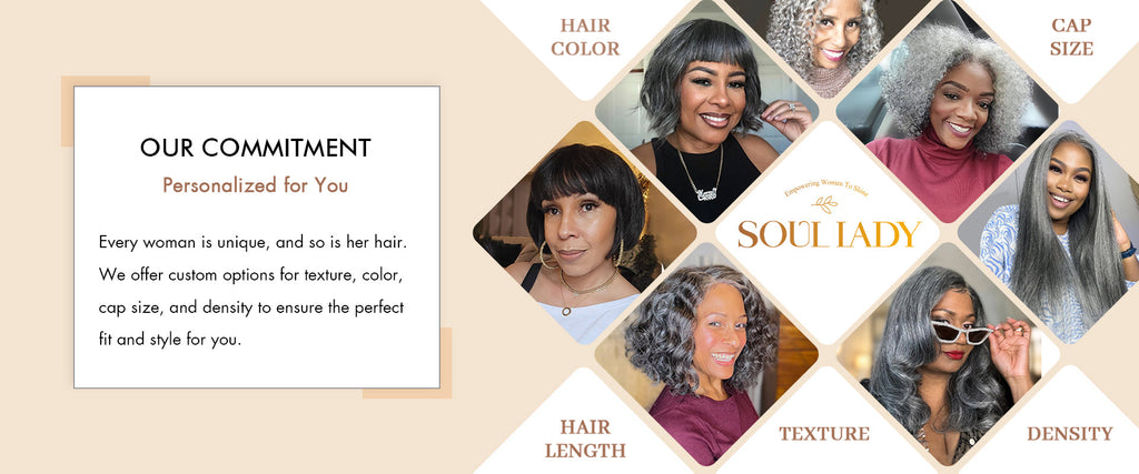 Soul Lady Wigs brand banner featuring Our Commitment, dedicated to quality human hair wigs for older women seeking confidence and comfort