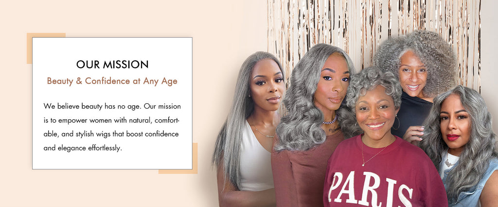 Soul Lady Wigs brand banner featuring About Us and Our Mission, empowering older women with natural-looking human hair wigs