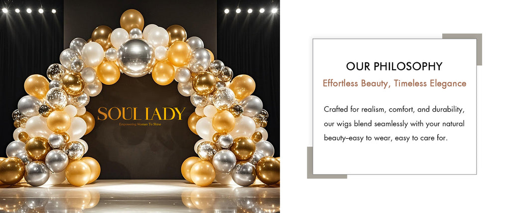 Soul Lady Wigs brand banner highlighting Our Philosophy, celebrating confidence and beauty in mature women with natural human hair wigs
