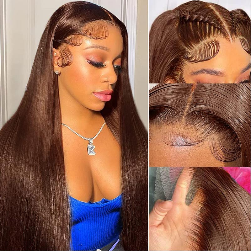 4 Chocolate Brown Straight Human Hair Wigs Pre Plucked 13x4  display picture 3
