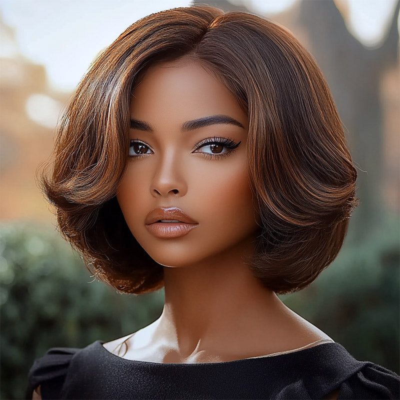 Soul lady Mix Color Ombre Brown Highlights Wavy Glueless Bob Wig 5x5 Lace Closure Wig- model