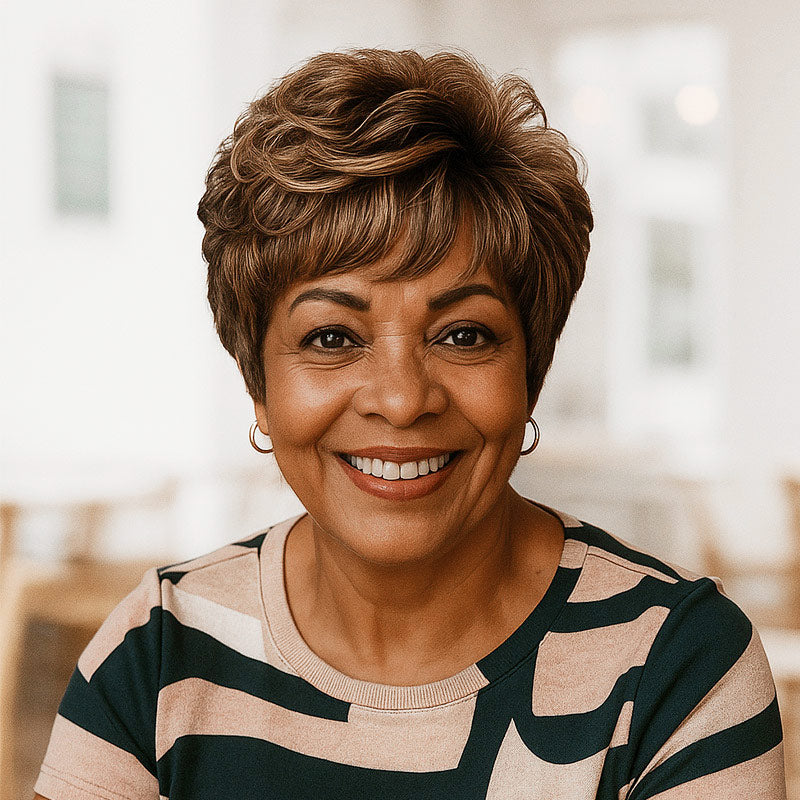 Instant Wear & Go Wig | FR4/27 Brown with Blonde Highlights Natural Wave Pixie Cut Human Hair Wig with Bangs for women