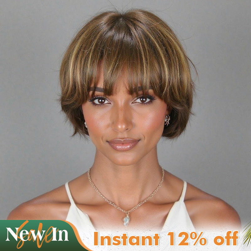Soul lady Short Pixie Wig – Natural Wavy Human Hair in P4/27 Brown with Golden Highlights | Wear & Go Wig