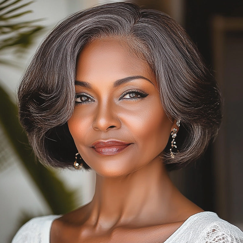 Soul Lady Wear And Go wig | Chic Brown Layered Wigs With Gray Highlights Natural Wavy Human Hair Glueless Lace Wigs For Women- dark brown with gray hair strands-model