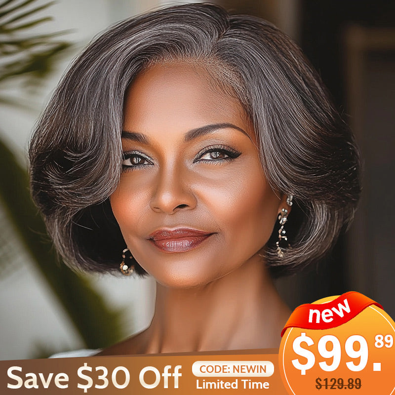 Soul lady Wear And Go wig | Chic Brown Layered Wigs With Gray Highlights Natural Wavy Human Hair Glueless Lace Wigs For Women-promotion image