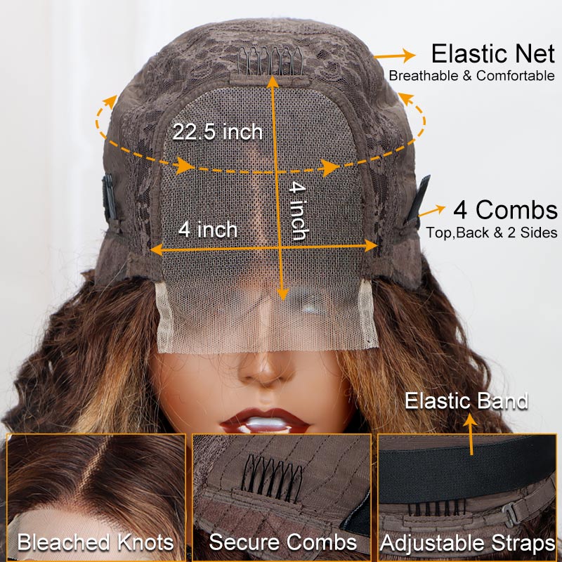 Transparent HD Lace Balayage Curly Wig Ombre Golden Blonde Money Piece Highlights On Brown Human Hair Wigs-cap-details