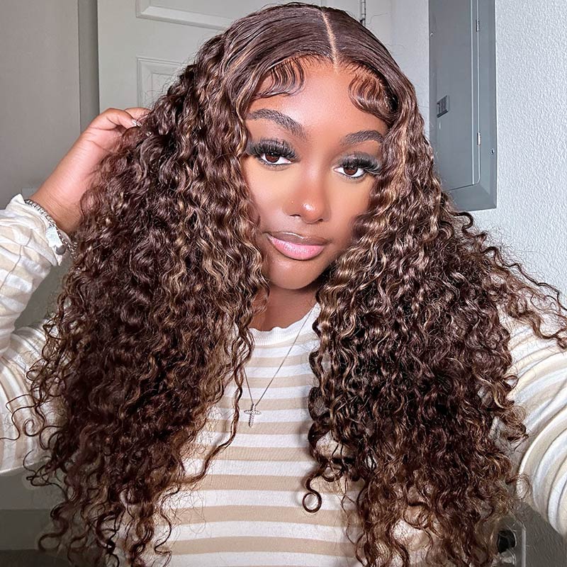jadiahjack Transparent HD Lace Balayage Curly Wig Ombre Golden Blonde Money Piece Highlights On Brown Human Hair Wigs-