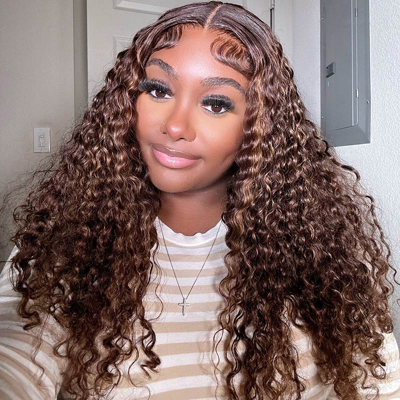 jadiahjack Transparent HD Lace Balayage Curly Wig Ombre Golden Blonde Money Piece Highlights On Brown Human Hair Wigs-model show