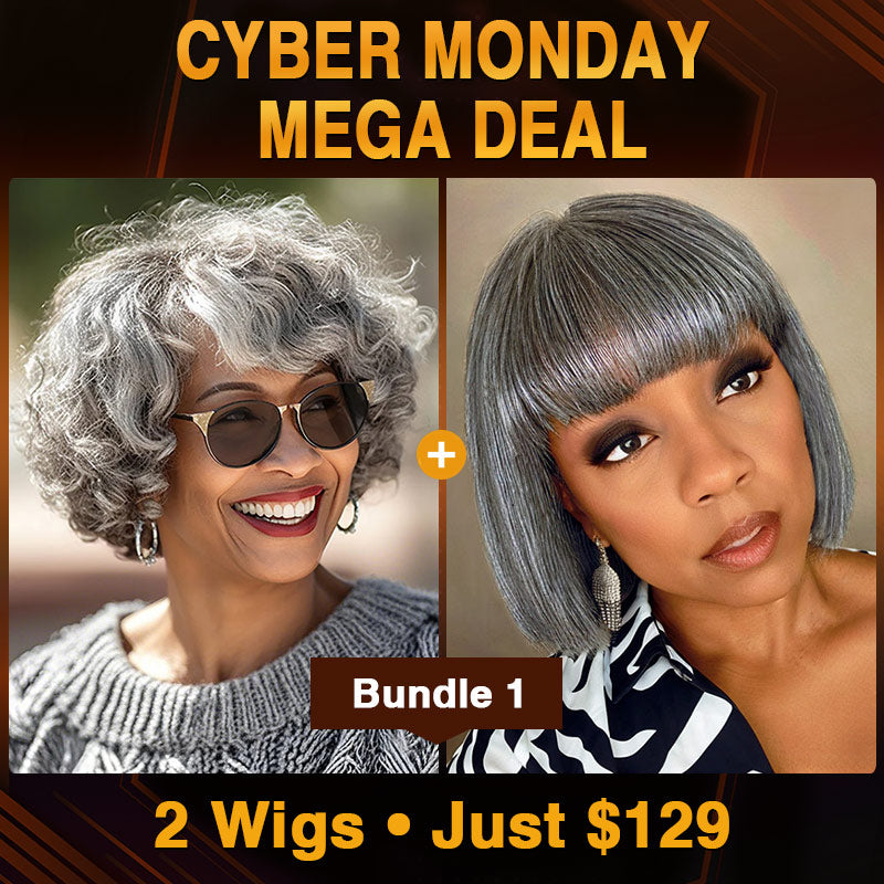 Advertisement for cyber monday deal on wigs with two women wearing gray wigs. Soul Lady Salt and pepper human hair gray wigs for women over 50- loose curly bob wig and -straight bob wig