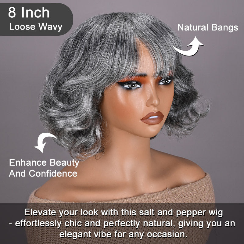 Soul Lady Beginner Friendly Salt and Pepper Bob Wig With Bangs Natural Wavy Human Hair Wear To Go Wig-side 
show
